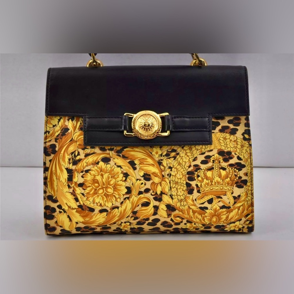 Gianni Versace Sunburst Flower Leopard Nylon Leather Handbag